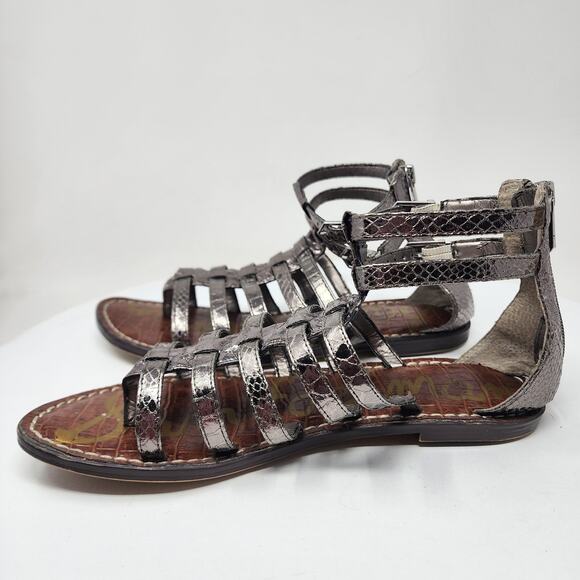 Sam Edelman Kendra Gladiator Sandal 8M Pewter Silver Snake Embossed Heel Zip - Picture 7 of 13